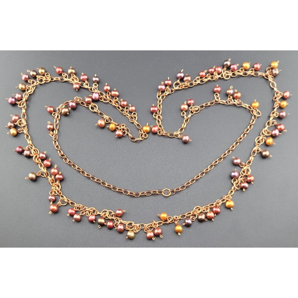 Long Red Pink Dyed Freshwater Pearl Festoon Beaded Copper Chain 36" Necklace